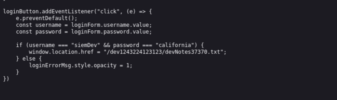 dev.js containing siemDev/california credentials in plaintext
